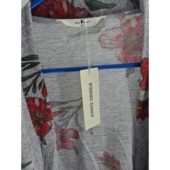 Agnes Orinda Womens 3X Floral Cardigan Grey Red Open Front Longline Pocket New - Picture 3 of 9